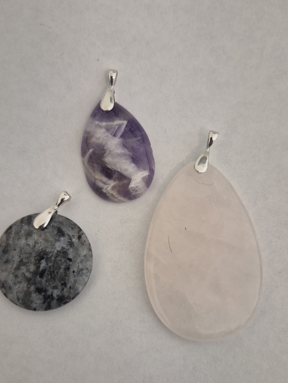 Rose Quartz, Chevron Amythest And Larvakite SilvertoneTeardrop Pendants